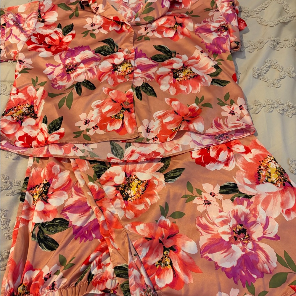 Floral Satin Pajama Set - Peach Pink